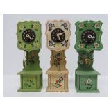 3 Vintage West German Miniature Handpainted Grandfather Clocks - Approx 9' tall