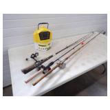 4 Rods and Reels and Minnow Bucket