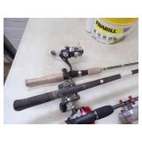 4 Rods and Reels and Minnow Bucket