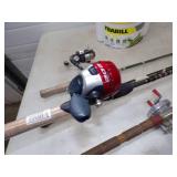 4 Rods and Reels and Minnow Bucket