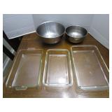 Stainless steel bowls (2), Pyrex ba...