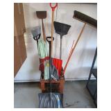 Handled tools, shovels, mop, (2) dr...