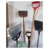 Handled tools, shovels, mop, (2) dr...