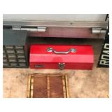 Small 25 Drawer Hardware Storage Organizer Full of Hardware - Metal Homak Tool Box - Metal Sign “Road Master” - Gas Powered Pro Force Tanaka Drill - Drill Bit Set in Wood Box