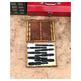Small 25 Drawer Hardware Storage Organizer Full of Hardware - Metal Homak Tool Box - Metal Sign “Road Master” - Gas Powered Pro Force Tanaka Drill - Drill Bit Set in Wood Box