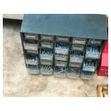 Small 25 Drawer Hardware Storage Organizer Full of Hardware - Metal Homak Tool Box - Metal Sign “Road Master” - Gas Powered Pro Force Tanaka Drill - Drill Bit Set in Wood Box