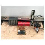 Small 25 Drawer Hardware Storage Organizer Full of Hardware - Metal Homak Tool Box - Metal Sign “Road Master” - Gas Powered Pro Force Tanaka Drill - Drill Bit Set in Wood Box