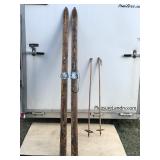Set of Vintage Wooden Skii’s with Bamboo Poles