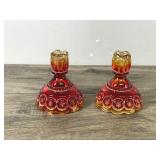 Vintage L. E. Smith Moon and Stars Candlestick Holders Amberina