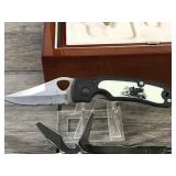 Lot of Knives, Multi Tools and Wooden Box Case