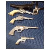 Vintage 3 Metal and 1 tin toy guns and 1 holster (Ku Gore, Frandine #1724708, H, Pony Boy)