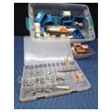 Tote of Electrical Hardware, picture hangers, gauge, tools, washers in a Bass Pro tackle box and more
