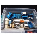 Tote of Electrical Hardware, picture hangers, gauge, tools, washers in a Bass Pro tackle box and more