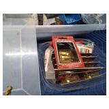 Tote of Electrical Hardware, picture hangers, gauge, tools, washers in a Bass Pro tackle box and more
