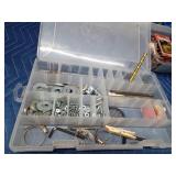 Tote of Electrical Hardware, picture hangers, gauge, tools, washers in a Bass Pro tackle box and more
