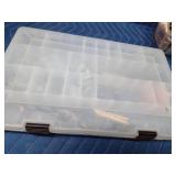 Tote of Electrical Hardware, picture hangers, gauge, tools, washers in a Bass Pro tackle box and more