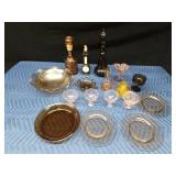 4 Vintage footed pink depression glass dessert dishes, Carnival glass bowl, Ambe4r glass plates, liquor decanters, Avon and more