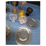 4 Vintage footed pink depression glass dessert dishes, Carnival glass bowl, Ambe4r glass plates, liquor decanters, Avon and more
