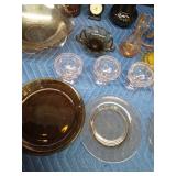 4 Vintage footed pink depression glass dessert dishes, Carnival glass bowl, Ambe4r glass plates, liquor decanters, Avon and more