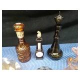4 Vintage footed pink depression glass dessert dishes, Carnival glass bowl, Ambe4r glass plates, liquor decanters, Avon and more