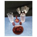 2 lead crystal vases, ruby red stem wine glasses, ruby red plate, red vase and 2 candle holders