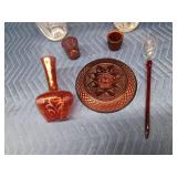 2 lead crystal vases, ruby red stem wine glasses, ruby red plate, red vase and 2 candle holders