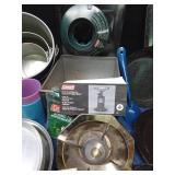 Camp cooking supplies including a small Colemans propane stove