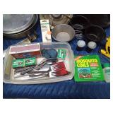 Camp cooking supplies including a small Colemans propane stove