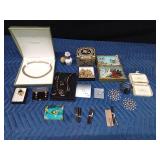Flat of jewelry including 50's or 60's Bergere pin and more