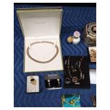 Flat of jewelry including 50's or 60's Bergere pin and more
