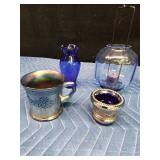 Blue glassware and 2 candlestick holders