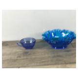 Vintage Hazel Atlas Aurora Cobalt Blue Cup & Fenton Colonial Blue Bowl with Crimped Ruffled Edge