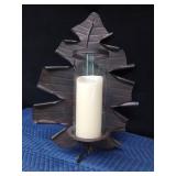 Battery operated metal wall leaf with glass tube candle holder