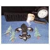 Metal wall decor, clock, cork holder trees, and symbol