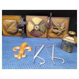 Metal plaques, candle holder, plant hangers and candle lantern