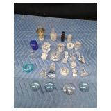 Vintage glass tops for bottles, cruets, jars, and coffee pots. 1 mini lantern, bottles, blue jar and more