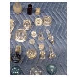 Vintage glass tops for bottles, cruets, jars, and coffee pots. 1 mini lantern, bottles, blue jar and more