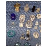 Vintage glass tops for bottles, cruets, jars, and coffee pots. 1 mini lantern, bottles, blue jar and more