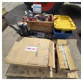Lot of Fire Extinguishers, Forklift Jacks, Parker Hose Crimper, & Plastic Totes
