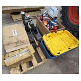 Lot of Fire Extinguishers, Forklift Jacks, Parker Hose Crimper, & Plastic Totes