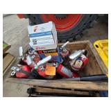 Lot of Fire Extinguishers, Forklift Jacks, Parker Hose Crimper, & Plastic Totes