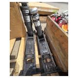 Lot of Fire Extinguishers, Forklift Jacks, Parker Hose Crimper, & Plastic Totes