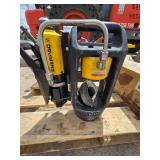 Lot of Fire Extinguishers, Forklift Jacks, Parker Hose Crimper, & Plastic Totes