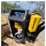 Lot of Fire Extinguishers, Forklift Jacks, Parker Hose Crimper, & Plastic Totes
