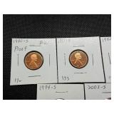 Seven Lincoln Memorial Pennies from the 90's and 00's Marked BU/Proof When Purchased