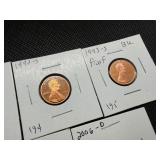 Seven Lincoln Memorial Pennies from the 90's and 00's Marked BU/Proof When Purchased