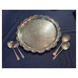Silver Plated Serving Tray (19') with 4 Serving Utensils