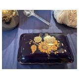 Vintage Blue Porcelain Trinket Box, Gold Bud Vase, Glass Rose, Decorative Coral