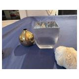 Vintage Blue Porcelain Trinket Box, Gold Bud Vase, Glass Rose, Decorative Coral