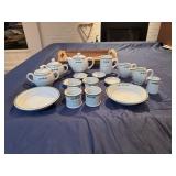 Vintage Ceramic Tea Set with Creamers, Sugar Bowls and Accessories, Presented with Acacia Wood Desert Tray
